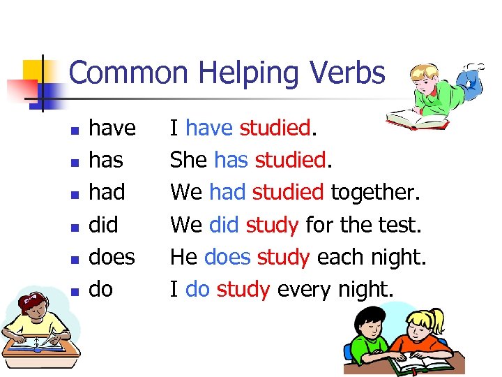 Common Helping Verbs n n n have has had did does do I have