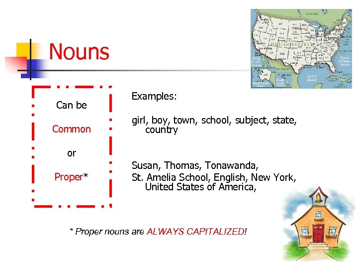 Nouns Can be Common Examples: girl, boy, town, school, subject, state, country or Proper*