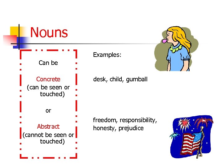 Nouns Examples: Can be Concrete (can be seen or touched) desk, child, gumball or