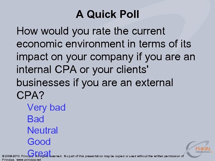A Quick Poll How would you rate the current economic environment in terms of