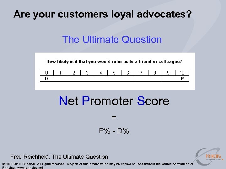 Are your customers loyal advocates? The Ultimate Question Net Promoter Score = P% -