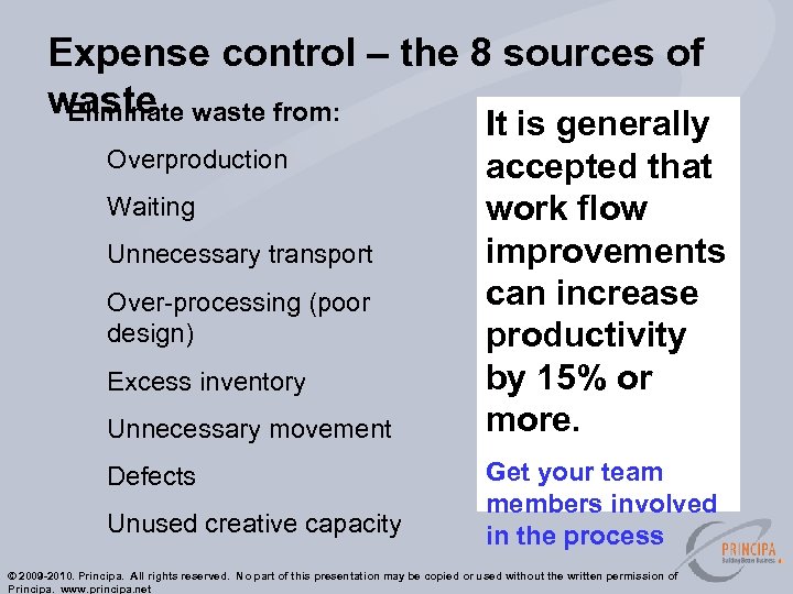 Expense control – the 8 sources of waste from: Eliminate Overproduction Waiting Unnecessary transport