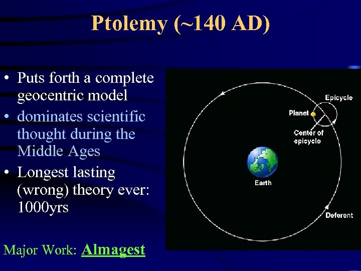 Ptolemy (~140 AD) • Puts forth a complete geocentric model • dominates scientific thought