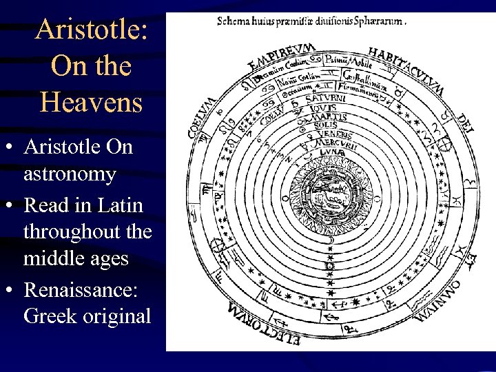 Aristotle: On the Heavens • Aristotle On astronomy • Read in Latin throughout the