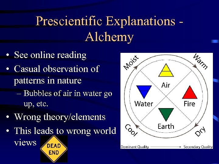 Prescientific Explanations Alchemy • See online reading • Casual observation of patterns in nature