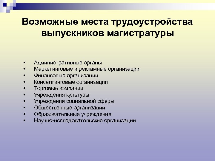 Возможные места трудоустройства выпускников магистратуры • • • Административные органы Маркетинговые и рекламные организации