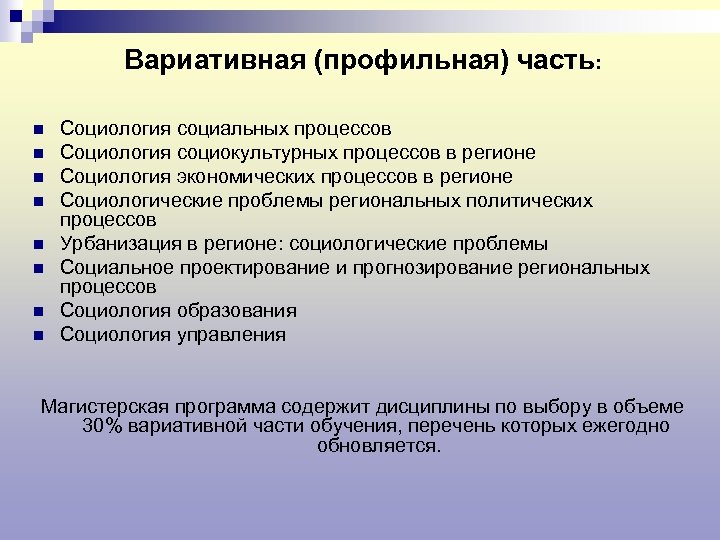 Вариативная (профильная) часть: n n n n Социология социальных процессов Социология социокультурных процессов в