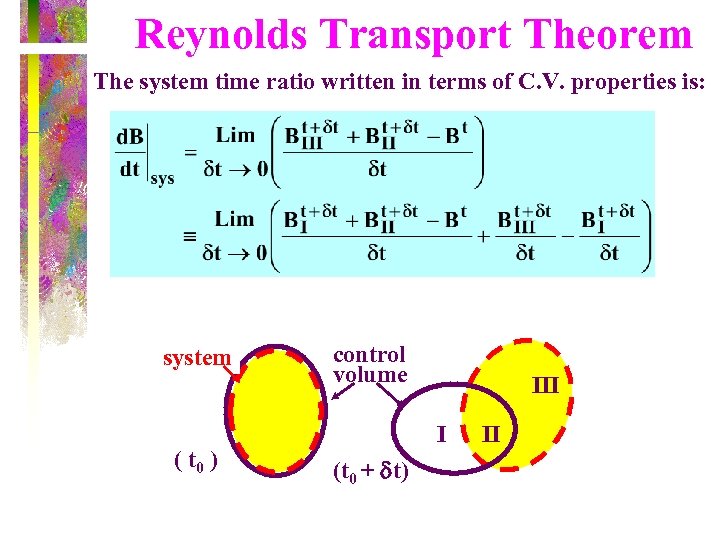 Reynolds Transport Theorem The system time ratio written in terms of C. V. properties