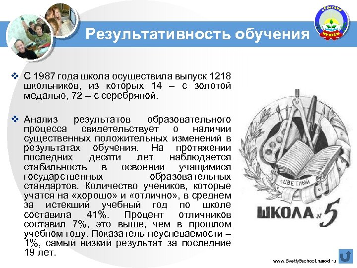 Результативность обучения v С 1987 года школа осуществила выпуск 1218 школьников, из которых 14