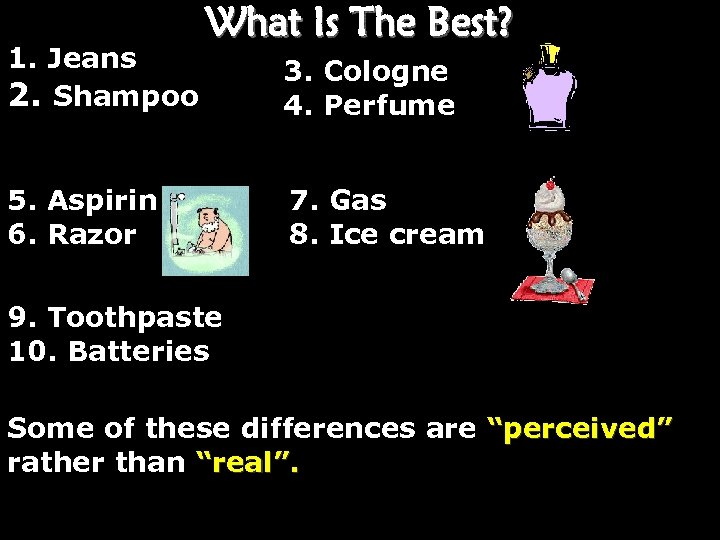 1. Jeans 2. Shampoo What Is The Best? 5. Aspirin 6. Razor 3. Cologne