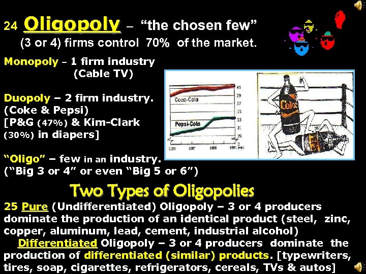 24 Oligopoly – “the chosen few” (3 or 4) firms control 70% of the