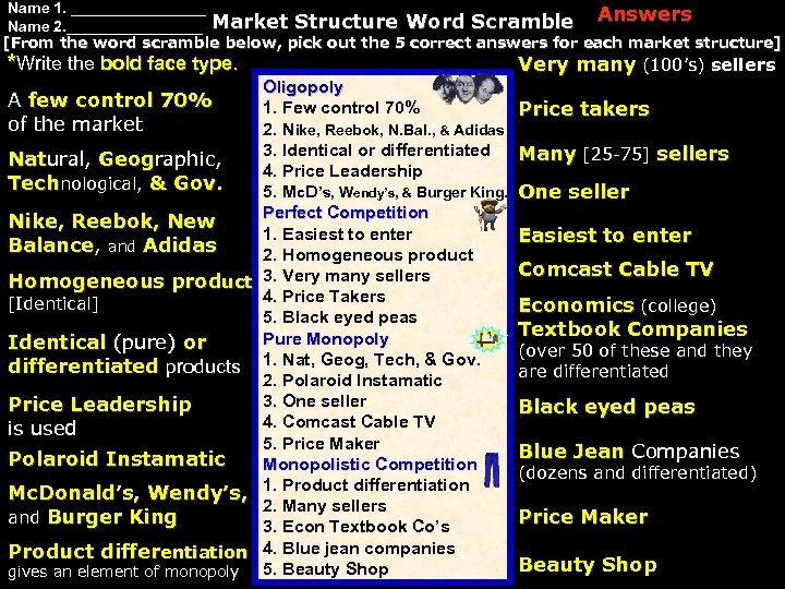 Name 1. ________ Answers Name 2. ________ Market Structure Word Scramble [From the word