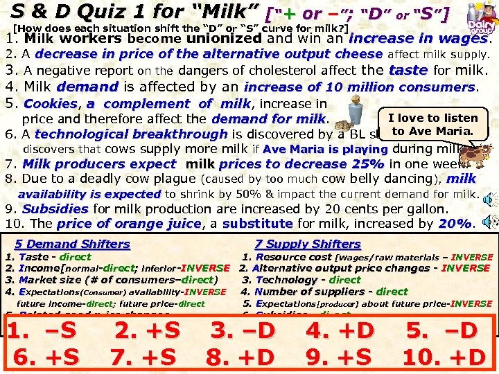 S & D Quiz 1 for “Milk” [“+ or –”; “D” or “S”] [How