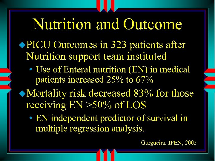 Nutrition and Outcome u. PICU Outcomes in 323 patients after Nutrition support team instituted