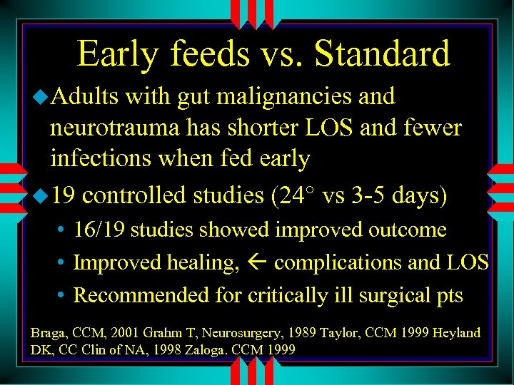 Early feeds vs. Standard u. Adults with gut malignancies and neurotrauma has shorter LOS
