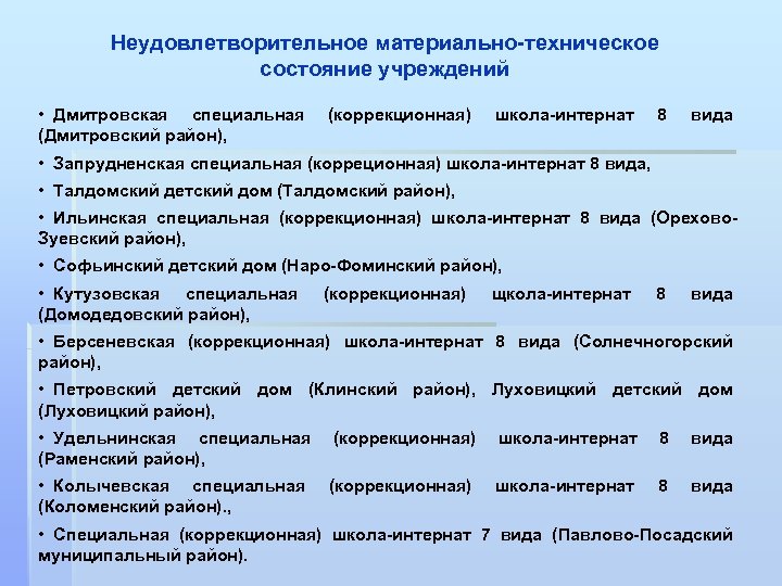 Неудовлетворительное материально-техническое состояние учреждений • Дмитровская специальная (Дмитровский район), (коррекционная) школа-интернат 8 вида •