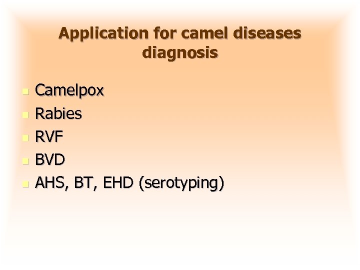 Application for camel diseases diagnosis n n n Camelpox Rabies RVF BVD AHS, BT,