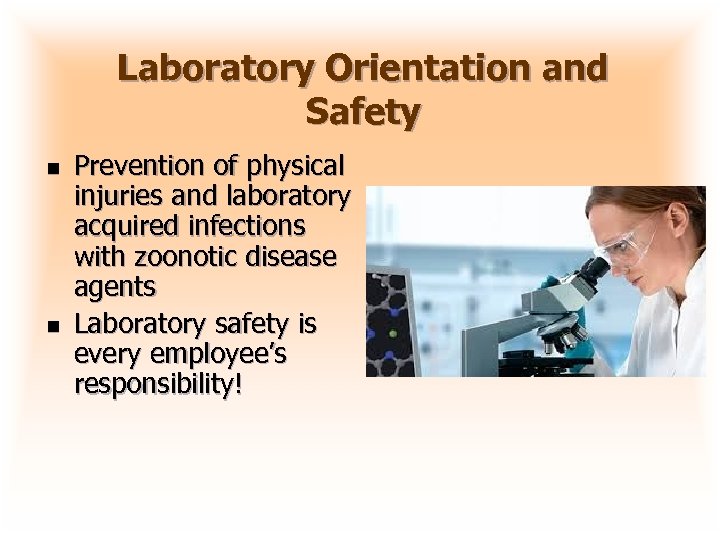 Laboratory Orientation and Safety n n Prevention of physical injuries and laboratory acquired infections