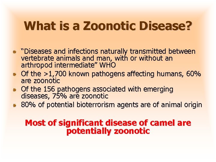 What is a Zoonotic Disease? “Diseases and infections naturally transmitted between vertebrate animals and