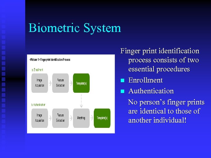 Biometric System Finger print identification process consists of two essential procedures n Enrollment n