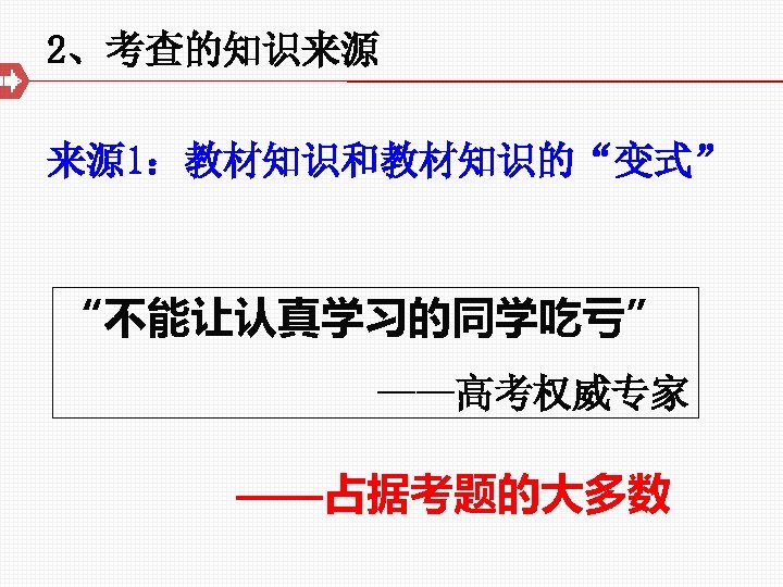 2、考查的知识来源 来源 1：教材知识和教材知识的“变式” “不能让认真学习的同学吃亏” ——高考权威专家 ——占据考题的大多数 