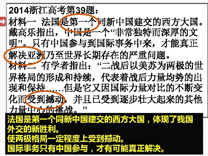 2014浙江高考第 39题： 材料一 法国是第一个同新中国建交的西方大国。 戴高乐指出，中国是一个“非常独特而深厚的文 明”。只有中国参与到国际事务中来，才能真正 解决亚洲乃至世界长期存在的严重问题。 材料二 有学者指出：“二战后以美苏为两极的世 界格局的形成和持续，代表着战后力量均势的出 现和保持……但是它又因国际力量对比的不断变 化而受到撼动，并且已受到逐步壮大起来的其他 力量中心的挑战。” 法国是第一个同新中国建交的西方大国，体现了我国