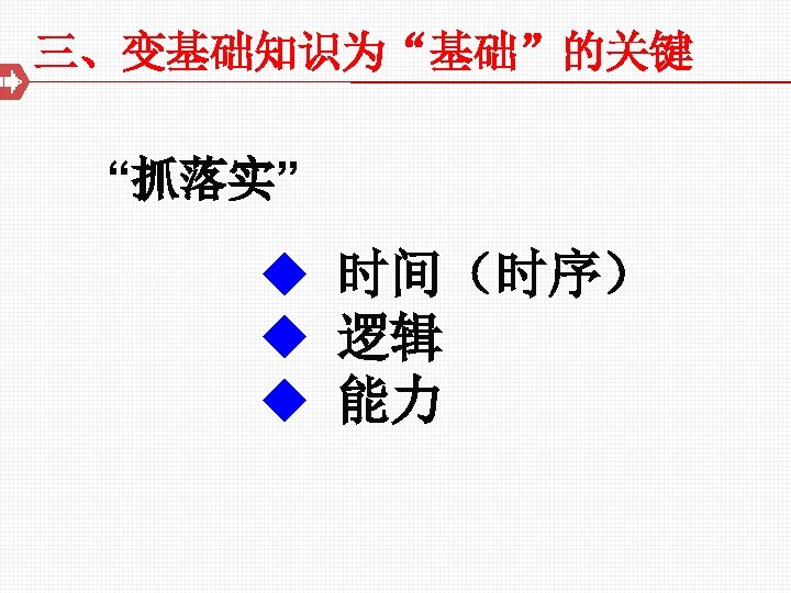 三、变基础知识为“基础”的关键 “抓落实” u 时间（时序） u 逻辑 u 能力 