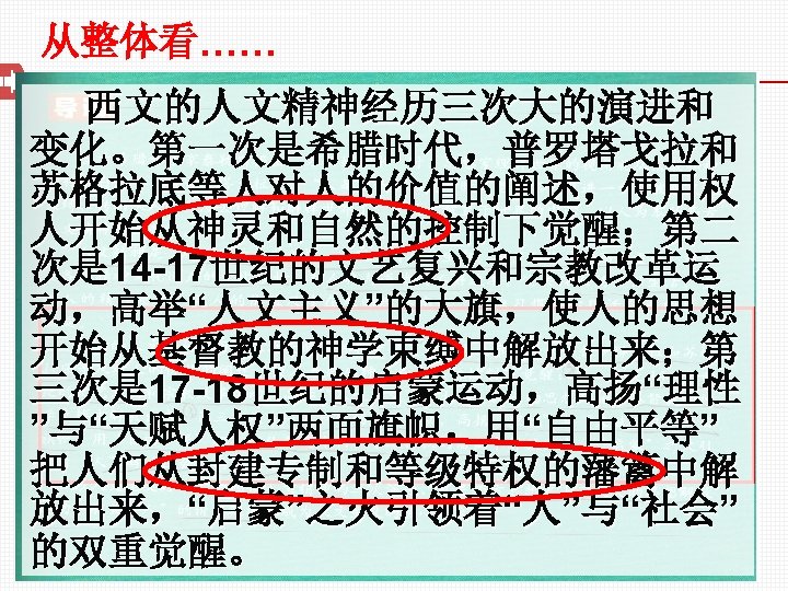 从整体看…… 西文的人文精神经历三次大的演进和 变化。第一次是希腊时代，普罗塔戈拉和 苏格拉底等人对人的价值的阐述，使用权 人开始从神灵和自然的控制下觉醒；第二 次是 14 -17世纪的文艺复兴和宗教改革运 动，高举“人文主义”的大旗，使人的思想 开始从基督教的神学束缚中解放出来；第 三次是 17 -18世纪的启蒙运动，高扬“理性 ”与“天赋人权”两面旗帜，用“自由平等”