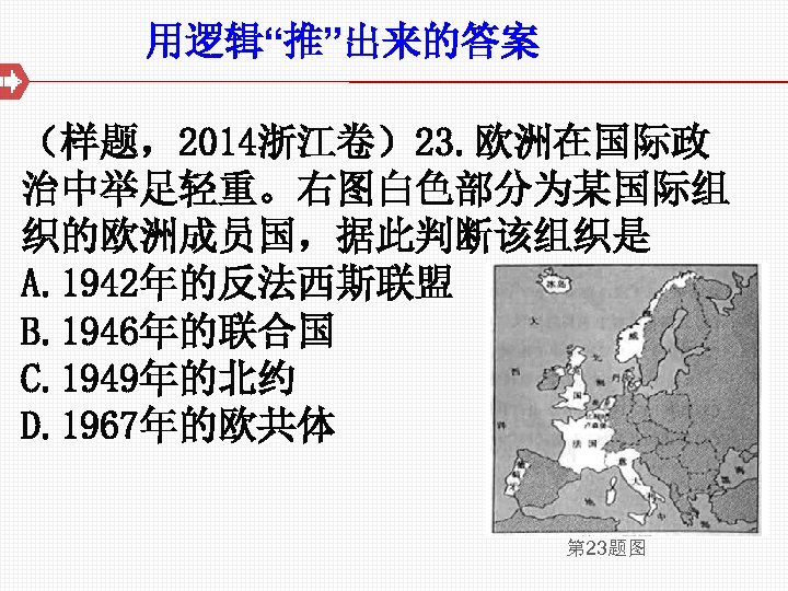 用逻辑“推”出来的答案 （样题，2014浙江卷）23. 欧洲在国际政 治中举足轻重。右图白色部分为某国际组 织的欧洲成员国，据此判断该组织是 A. 1942年的反法西斯联盟 B. 1946年的联合国 C. 1949年的北约 D. 1967年的欧共体 第