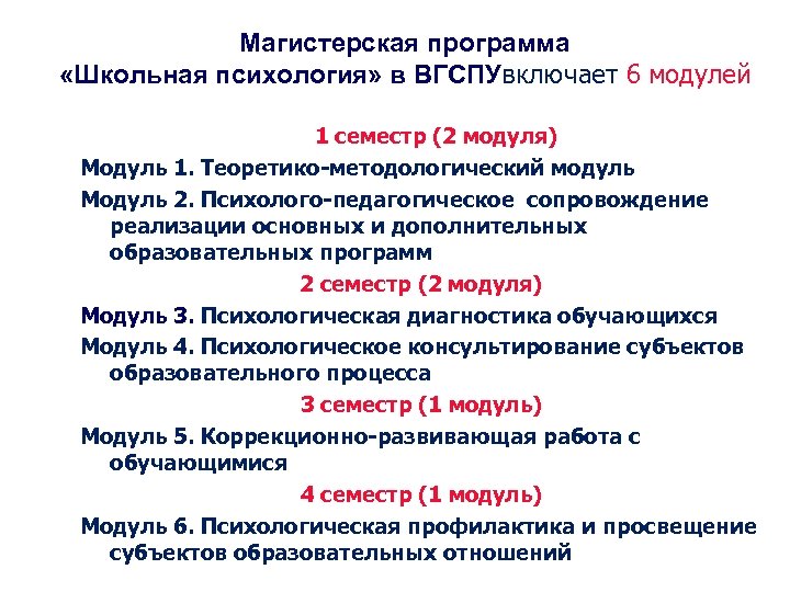 Магистерская программа «Школьная психология» в ВГСПУвключает 6 модулей 1 семестр (2 модуля) Модуль 1.