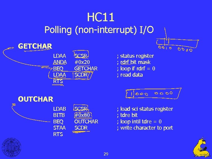 HC 11 Polling (non-interrupt) I/O GETCHAR LDAA ANDA BEQ LDAA RTS SCSR #0 x