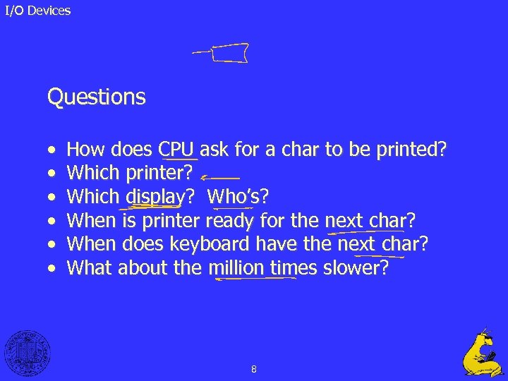 I/O Devices Questions • • • How does CPU ask for a char to