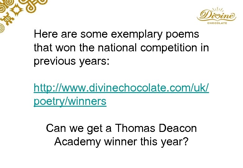 Here are some exemplary poems that won the national competition in previous years: http: