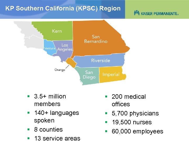 KP Southern California (KPSC) Region § 3. 5+ million members § 140+ languages spoken