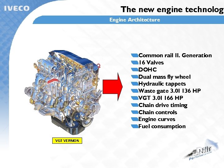 The new engine technology Engine Architecture Common rail II. Generation 16 Valves DOHC Dual