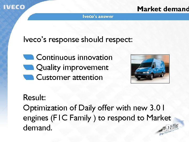 Market demand Iveco’s answer Iveco’s response should respect: Continuous innovation Quality improvement Customer attention