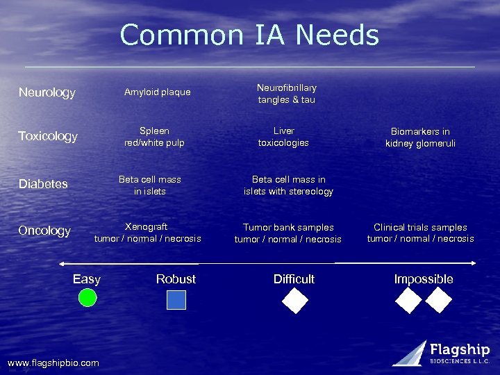 Common IA Needs Neurology Amyloid plaque Neurofibrillary tangles & tau Toxicology Spleen red/white pulp