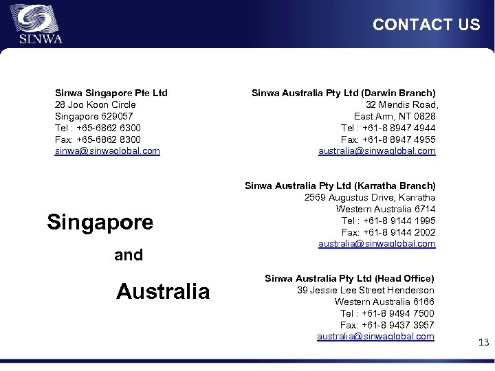CONTACT US Sinwa Singapore Pte Ltd 28 Joo Koon Circle Singapore 629057 Tel :