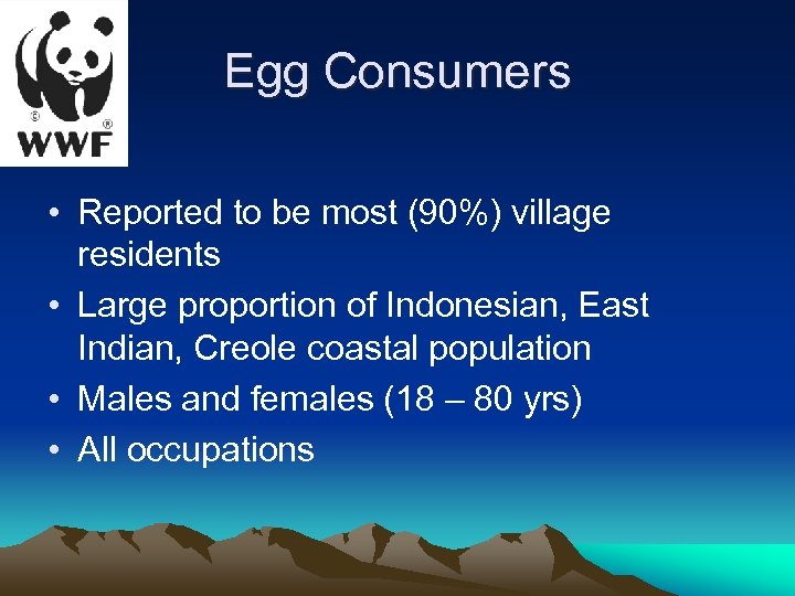 Egg Consumers • Reported to be most (90%) village residents • Large proportion of