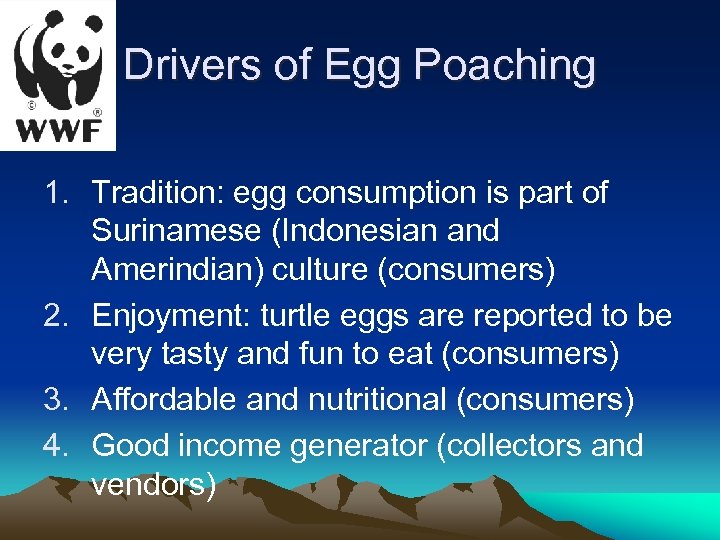 Drivers of Egg Poaching 1. Tradition: egg consumption is part of Surinamese (Indonesian and