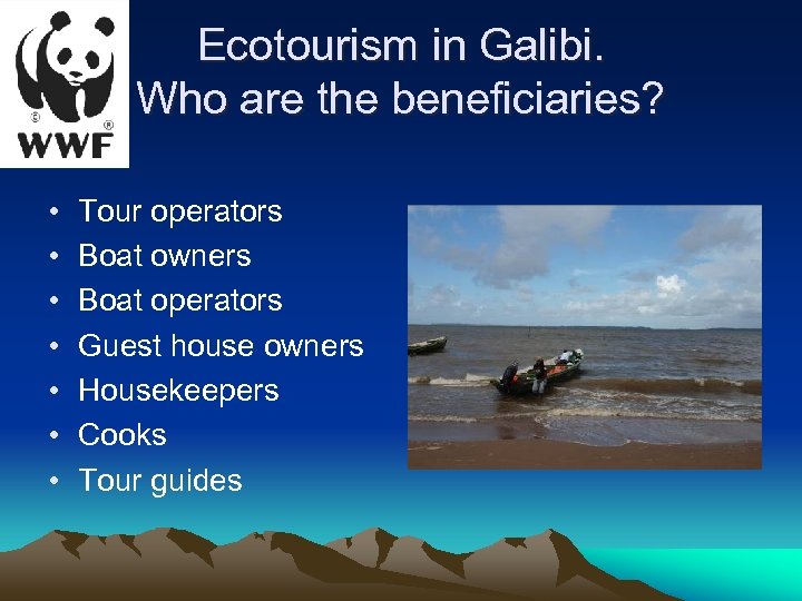 Ecotourism in Galibi. Who are the beneficiaries? • • Tour operators Boat owners Boat