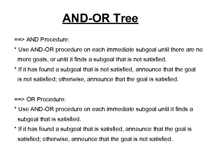 AND-OR Tree ==> AND Procedure: * Use AND-OR procedure on each immediate subgoal until