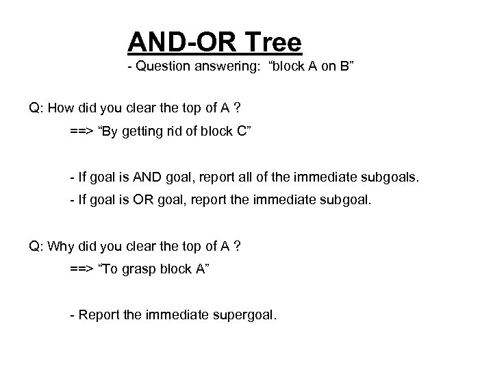 AND-OR Tree - Question answering: “block A on B” Q: How did you clear