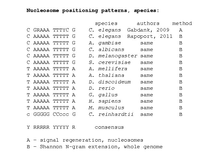Nucleosome positioning patterns, species: C C C T T T T c GRAAA AAAAA