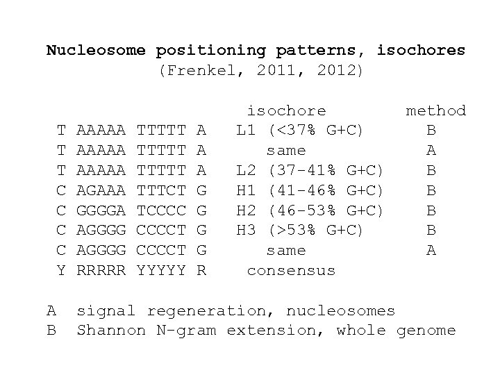 Nucleosome positioning patterns, isochores (Frenkel, 2011, 2012) T T T C C Y A