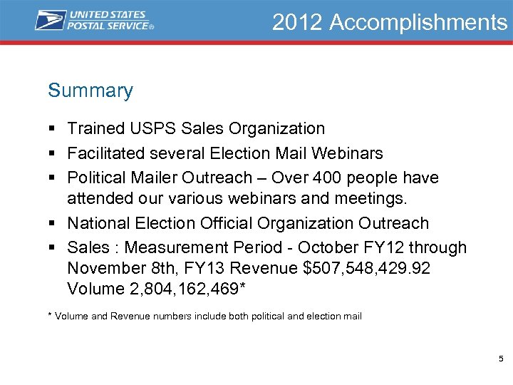 2012 Accomplishments Summary § Trained USPS Sales Organization § Facilitated several Election Mail Webinars