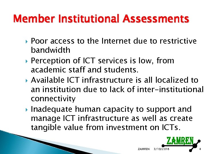 Member Institutional Assessments Poor access to the Internet due to restrictive bandwidth Perception of