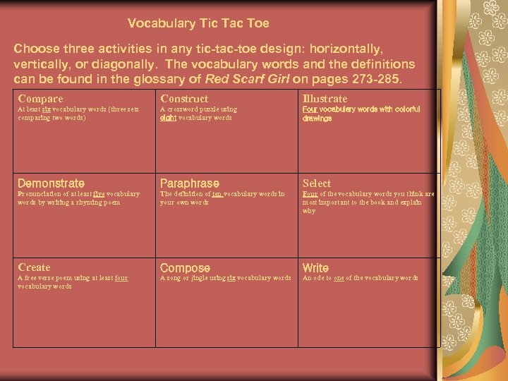 Vocabulary Tic Tac Toe Choose three activities in any tic-tac-toe design: horizontally, vertically, or
