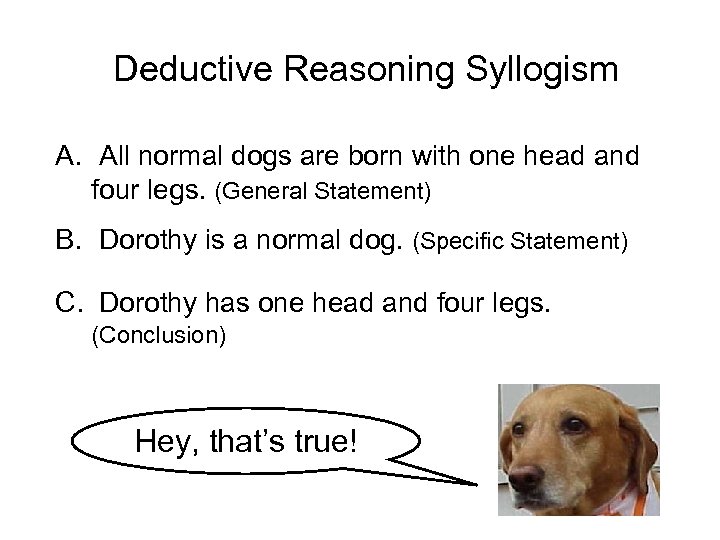 Deductive Reasoning Syllogism A. All normal dogs are born with one head and four