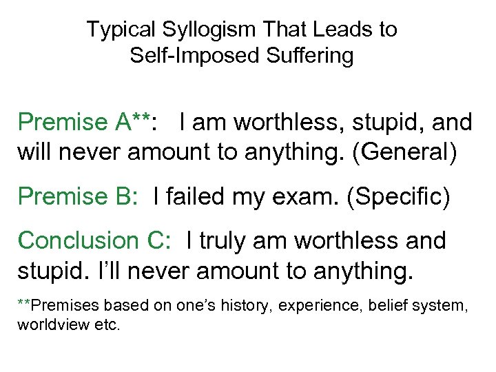 Typical Syllogism That Leads to Self-Imposed Suffering Premise A**: I am worthless, stupid, and